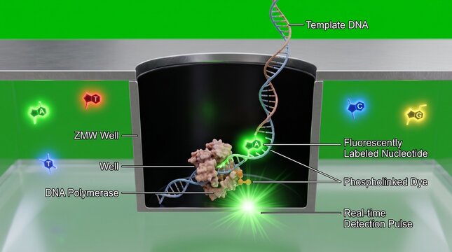 DNA sequencing process showing polymerase enzyme and fluorescently labeled nucleotides.