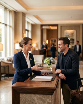 Hotel manager assisting guest in boutique hotel lobby