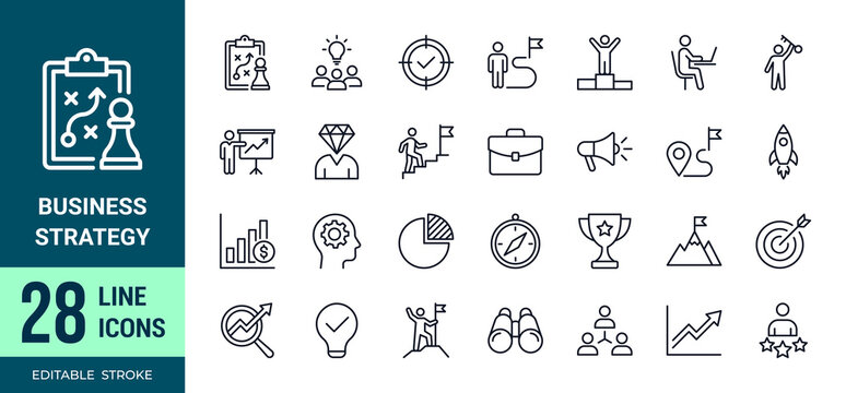 Business strategy icon set. planning, leadership, growth, research, solution, team, marketing, advertising, business process, management symbols, editable stroke