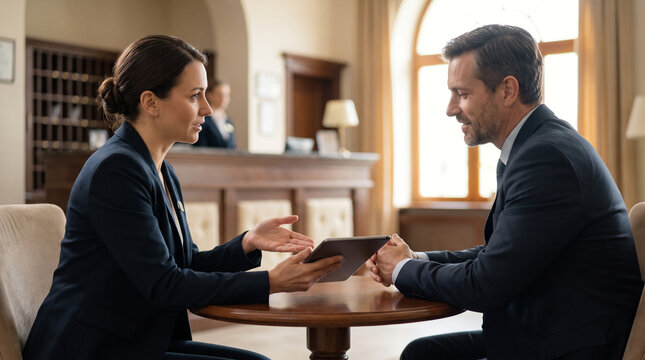 Hotel manager assists guest in boutique hotel lobby, resolving service concern through professional communication, hospitality management, customer care and guest satisfaction with copy space.