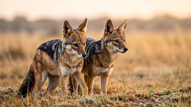 two golden jackals close up at morning light in serengeti tanzania savanna video