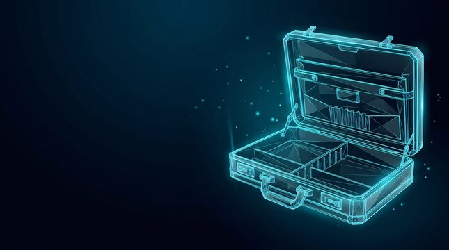 Futuristic open briefcase wireframe hologram glowing cyan digital illustration against dark background with briefcase wireframe hologram suitcase technology