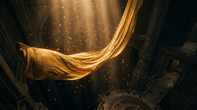 Tela dorada flotando en catedral hist&oacute;rica con rayos de luz divina y part&iacute;culas brillantes, concepto de herencia cultural y elegancia m&iacute;stica.