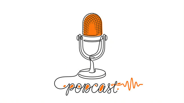 Minimalist podcast logo with vintage microphone illustration, orange line art radio mic icon, modern audio broadcast graphic on white background