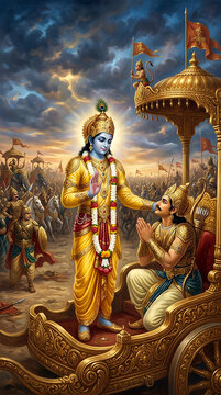 Lord krishna guiding arjuna on the battlefield of kurukshetra