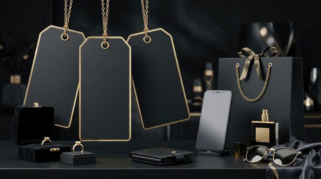 Elegant Black Friday Mockup Display with Blank Hanging Tags, Smartphone, Jewelry, and Luxury Accessories