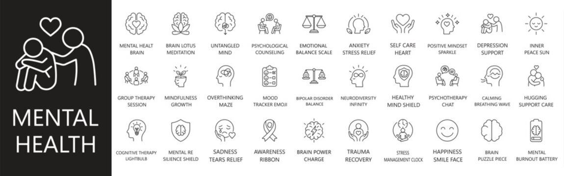 Mental health and psychology solid icon set. Featuring group therapy, emotional balance, stress management, self care, and trauma recovery. Editable vector glyphs for medical print and wellness.