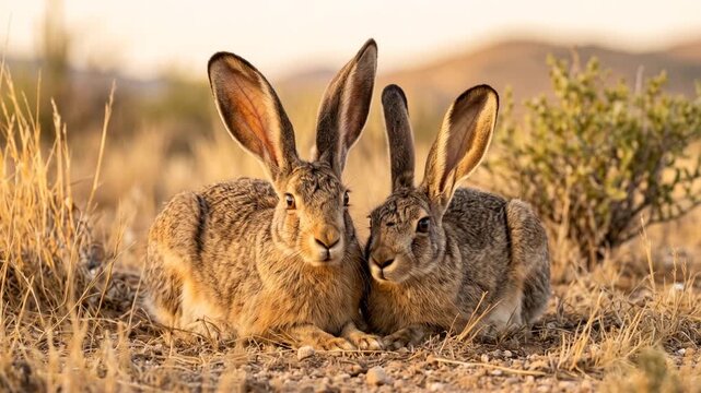 two black tailed jackrabbits close up at morning light in sonora desert arizona usa video