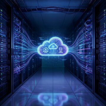 Futuristic cloud computing icon in server room, glowing neon data center network, high tech digital storage infrastructure