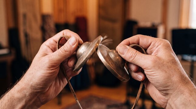 Musician hands playing small brass finger cymbals, musical instrument, percussion, sound, ad social media download thambnail poster web template event festival 2026 2027 2028