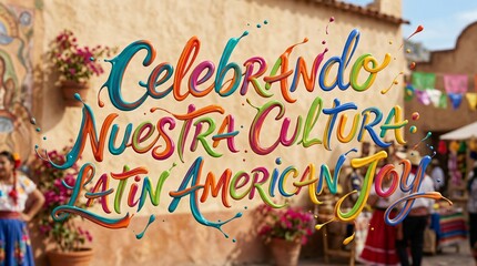 Naklejka premium Texto colorido 3D Celebrando Nuestra Cultura para el Mes de la Herencia Hispana, con fondo festivo de pueblo tradicional.