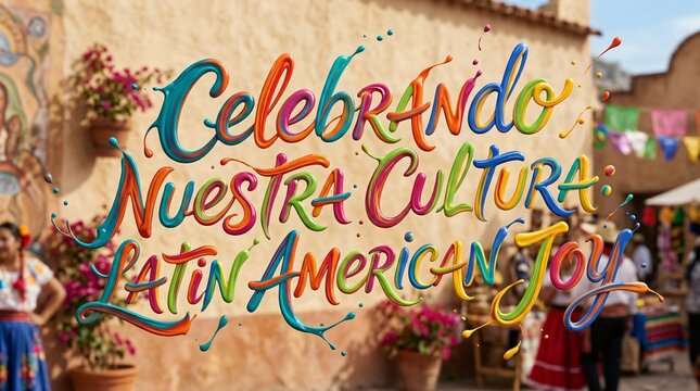 Texto colorido 3D Celebrando Nuestra Cultura para el Mes de la Herencia Hispana, con fondo festivo de pueblo tradicional.