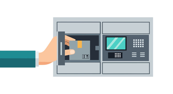 Automated Parcel Locker Illustration with Hand Taking a Package Box. Modern E-commerce Logistics and Contactless Delivery Concept Flat Vector.