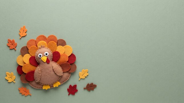 Cute felt turkey craft with colorful autumn leaves on a soft green background for a happy thanksgiving holiday celebration flat lay scene