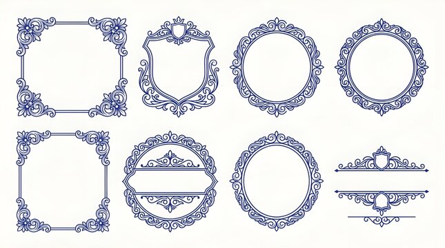 Set of blue vintage ornamental frames and label borders with ornamental