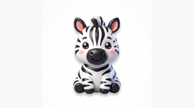 Adorable 3D cartoon zebra with classic black and white stripes. Big shiny eyes, pink inner ears, rosy cheeks, and sweet smile. Sitting pose on white background.