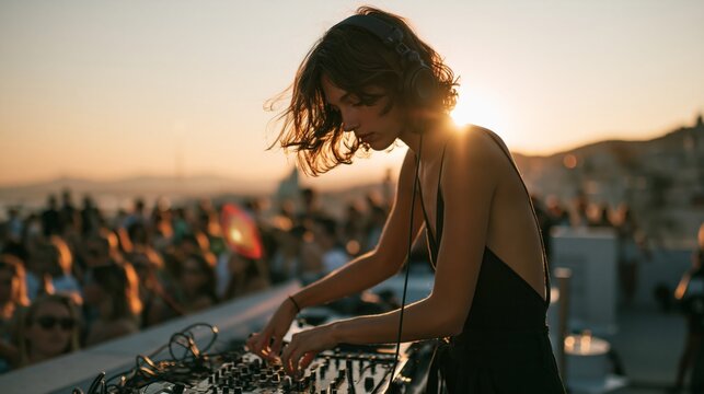 Young woman djing electronic music outdoors overlooking crowd at golden hour