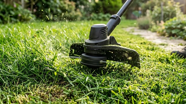 String Trimmer Cutting Green Grass in Garden