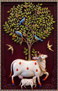 Traditional Indian 3D relief mural art of Sacred Kamdhenu cow with calf and lotus flowers, decorative wall sculpture