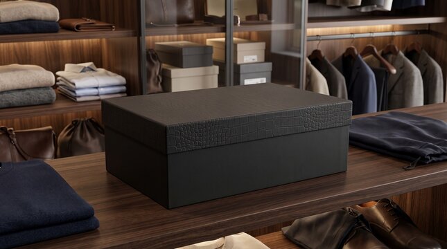 Black cardboard box on wooden shelf in luxury walk-in wardrobe closet