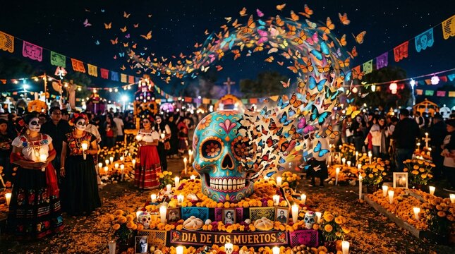 Calavera de D&iacute;a de los Muertos convertida en mariposas sobre ofrenda tradicional con flores de cempas&uacute;chil, velas y personas vestidas de catrinas.