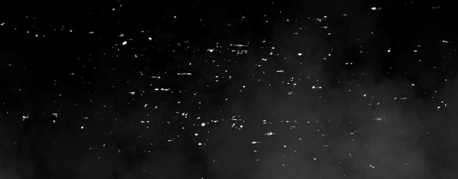 Panoramic particles effect dust debris isolated on black background, motion powder spray burst texture. Texture overlays.