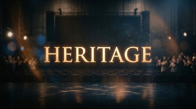 Texto Heritage dorado brillante en escenario teatral con luces cinematogr&aacute;ficas para celebrar el mes de la herencia hispana.