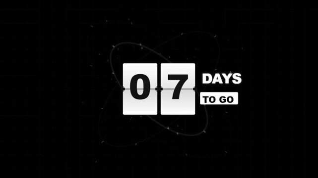 Retro flip clock countdown from nine to four days on abstract dark tech background.
