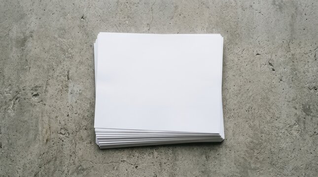 Blank white square paper stack mockup template on textured concrete surface flat lay top view creative workspace branding stationary design
