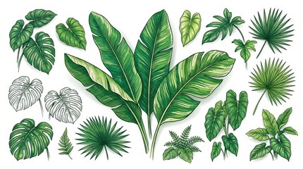 Naklejka premium Tropical Green Leaf Collection Botanical Illustration.