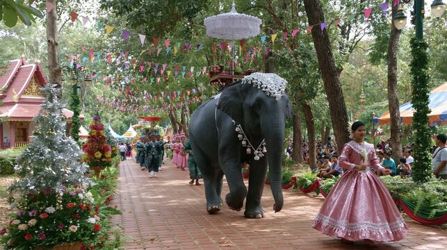 Elephant procession with decorated rider in a festive outdoor parade during daylight