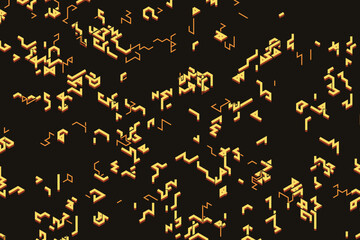 Fototapeta premium Isometric pattern of scattered yellow geometric line segments and angular shapes on a dark background