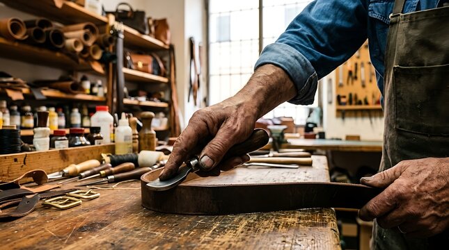 Leather Craftsman Skiving Belt Edge in Workshop