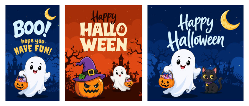 Cute Halloween Greeting Card Bundle with Ghost, Witch Pumpkin and Black Cat, Three Vector Designs