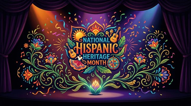 Ilustraci&oacute;n festiva del Mes de la Herencia Hispana con adornos florales, guitarras y confeti en un escenario teatral para celebraciones culturales latinas.