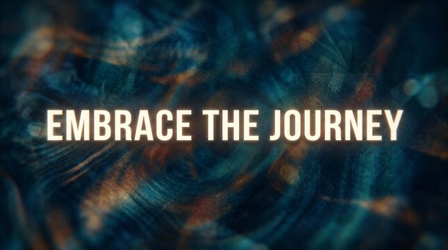 Texto Embrace The Journey brillante sobre fondo abstracto azul y dorado, mensaje motivacional de superaci&oacute;n personal y Mes de la Herencia Hispana.