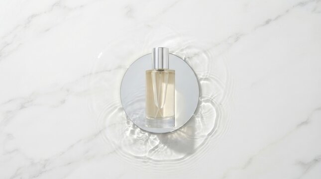 Luxury perfume bottle on mirror with water ripples on white marble