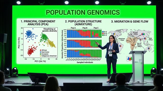 Scientist presenting population genomics data analysis on large screen at conference