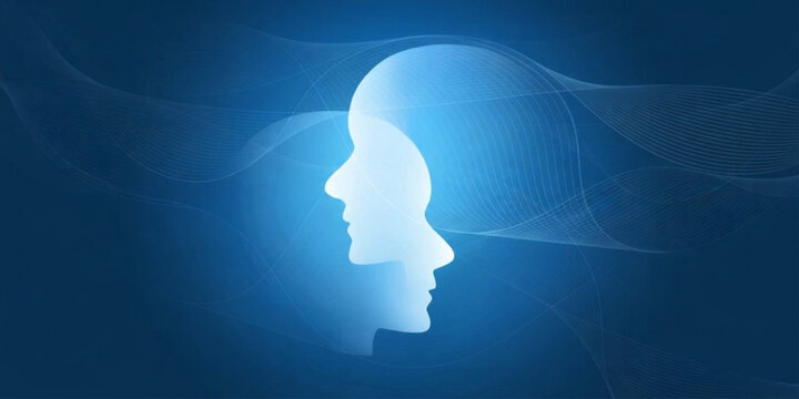 Futuristic AI concept vector illustration of two glowing robot heads with polygon network