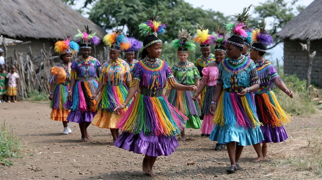 Young African girls in vibrant traditional attire dancing outdoors during a cultural celebration with festive headdresses