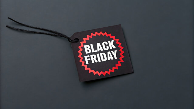 Black Friday sale tag with bold red text on dark gift label for holiday shopping promotions