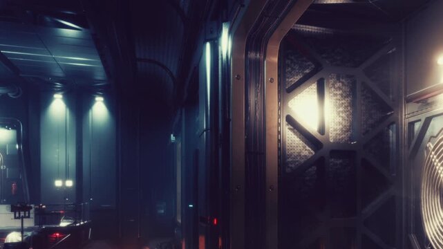 A long, dark corridor is seen with metallic walls. Soft lights illuminate the space while machinery is present in the background. The overall atmosphere suggests a high tech environment.