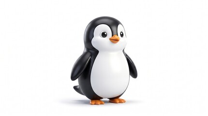 Obraz premium Cute 3D cartoon penguin with glossy black and white feathers. Big round eyes, orange beak and feet, standing upright with a friendly pose on white background.