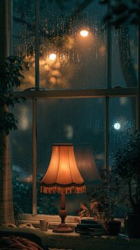 Cozy warm lit table lamp sits on windowsill next to stack of books and potted plants overlooking rainy city night through large window with water drops