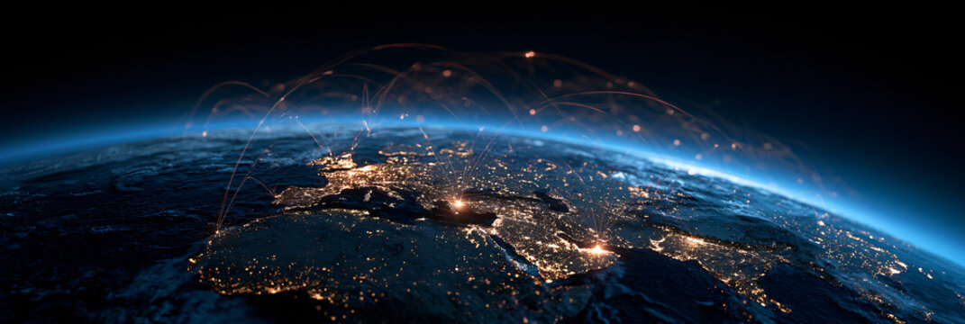 Global digital network connections over planet earth at night with glowing city lights from space representing worldwide internet data technology