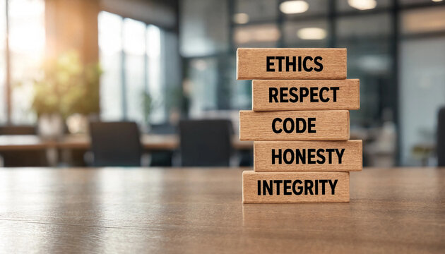 Ethical Business Practices And Core Values Concept With Wooden Blocks. This Image Represents The Importance Of Ethics, Respect, Code, Honesty, And Integrity In The Workplace