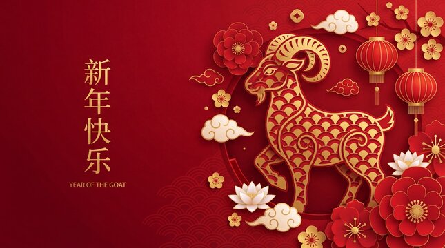 Chinese New Year 2027 Year of the Goat paper cut art, elegant red and gold festive background with clean copy space