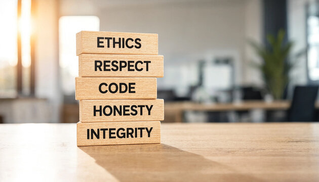 Ethical Business Practices And Core Values Concept With Wooden Blocks. This Image Represents The Importance Of Ethics, Respect, Code, Honesty, And Integrity For Building Trust In Organizations