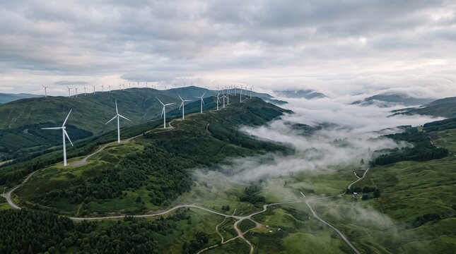 Aerial view of wind turbine farm on a misty green mountain ridge