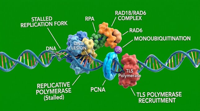 Molecular diagram of RAD18 mediated PCNA monoubiquitination at a stalled DNA replication fork